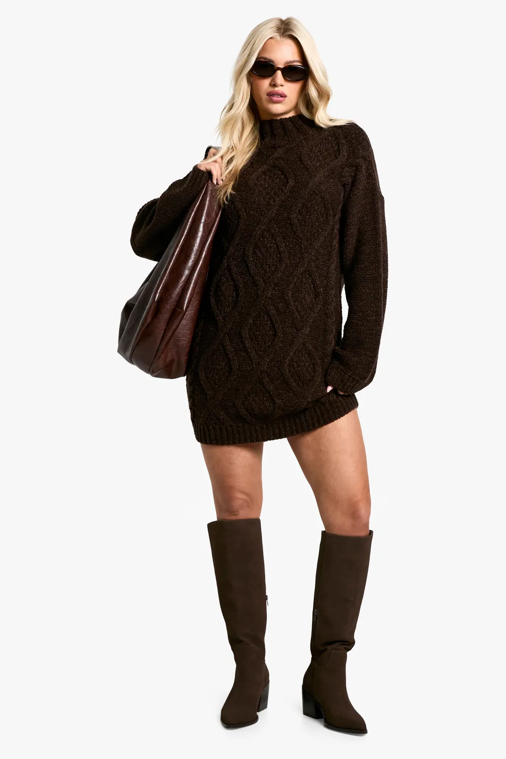 Chocolate Brown Sweater Dress with Knee-High Boots