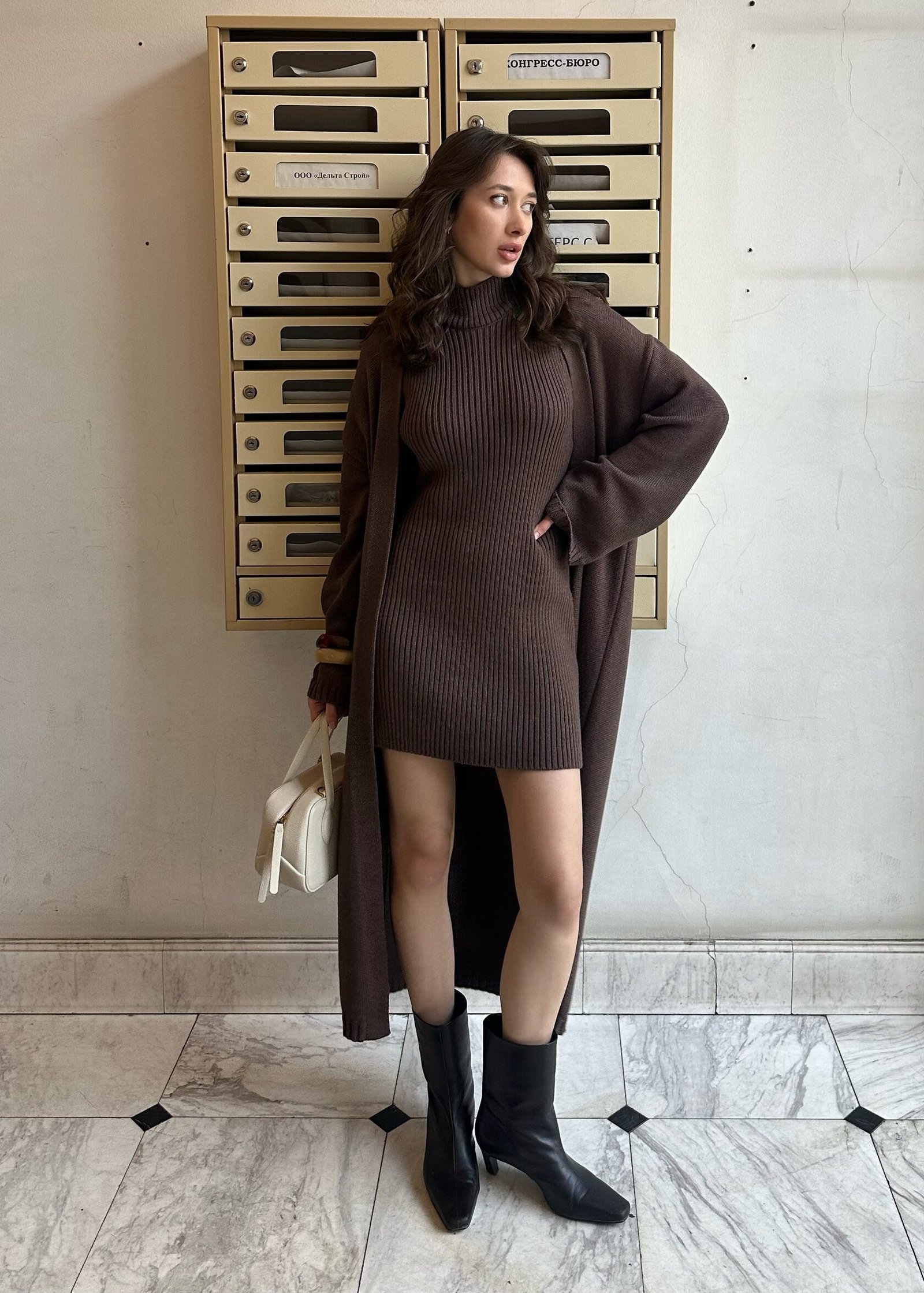 Chocolate Brown Slip Dress with a Cardigan and Boots