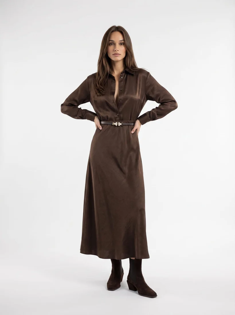 Chocolate Brown Shirt Dress with a Belt and Ankle Boots