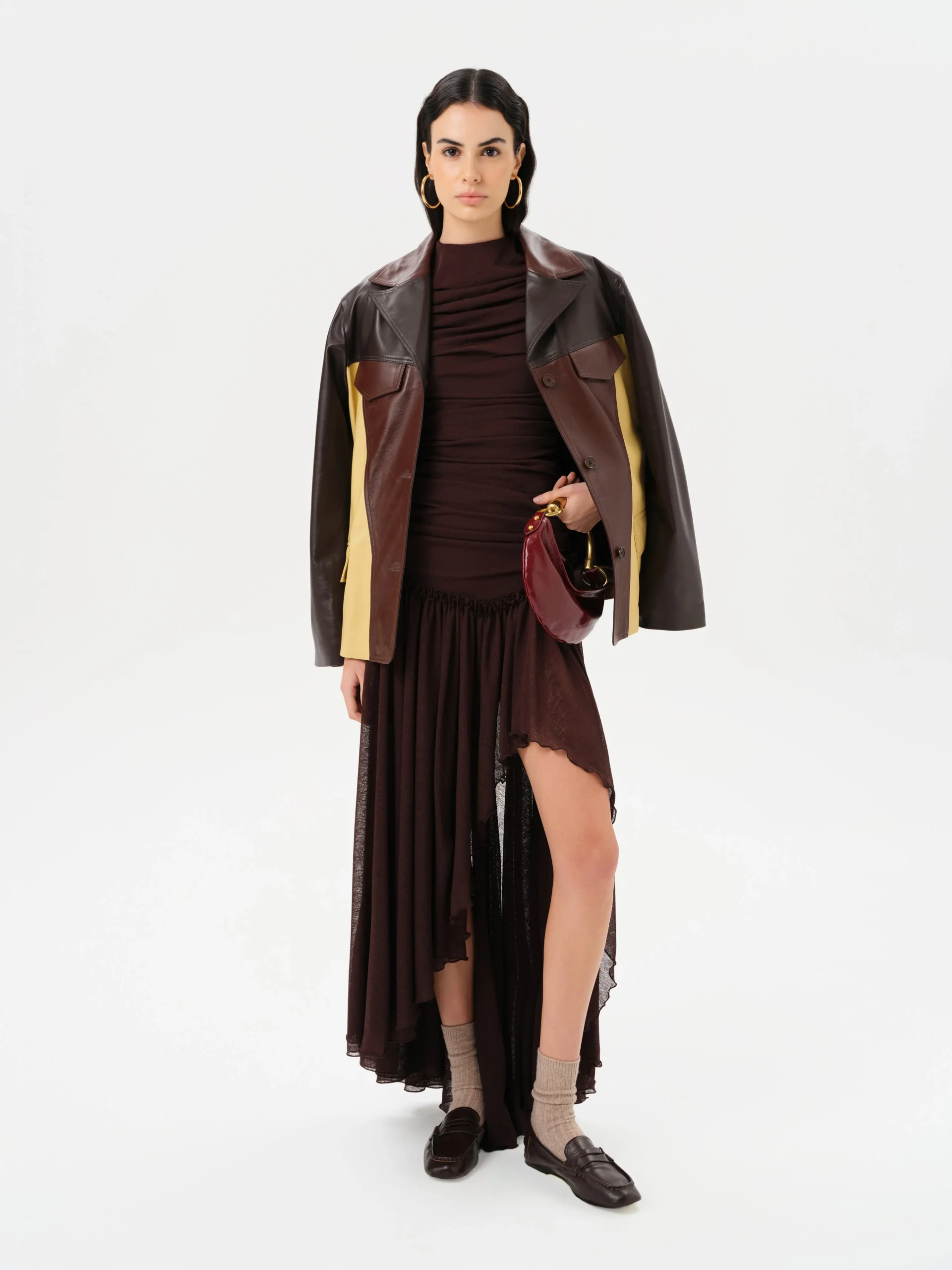 Chocolate Brown Long-Sleeve Dress with a Leather Jacket