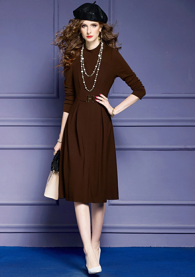 Chocolate Brown A-Line Dress with a Pearl Necklace
