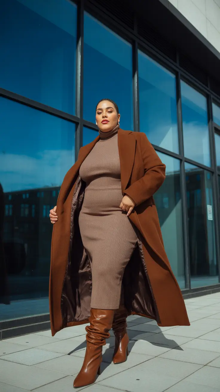 Chocolate Brown Bodycon Knit Dress with a Long Coat