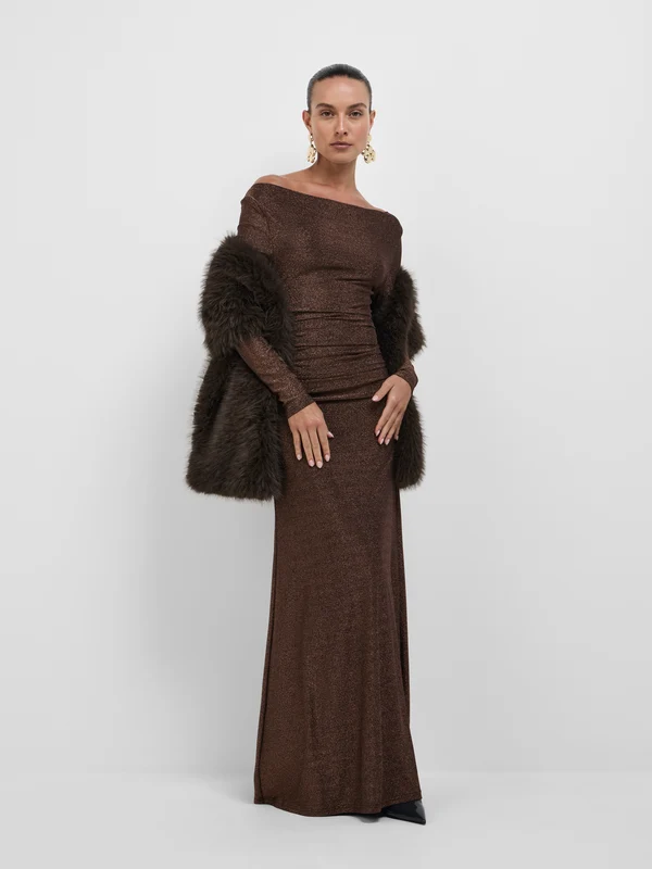 Chocolate Brown Off-Shoulder Dress with a Shawl