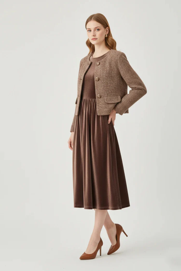 Chocolate Brown Midi Dress with a Tweed Jacket
