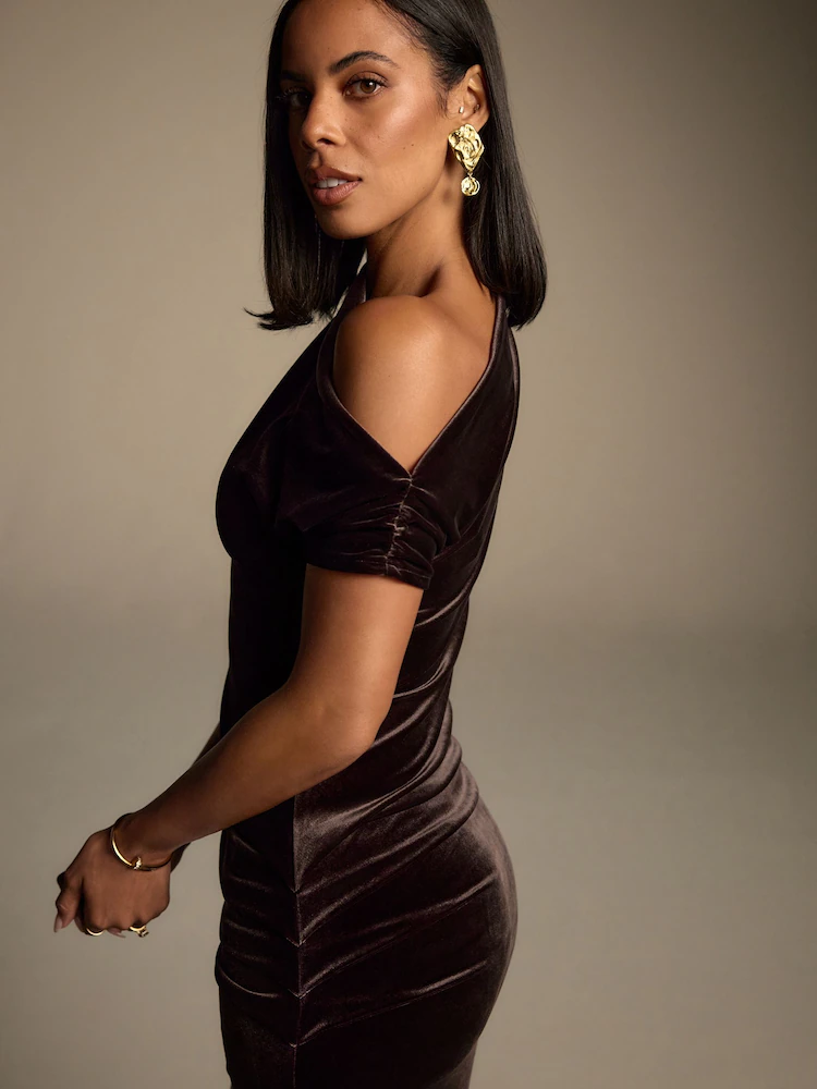 Chocolate Brown Velvet Midi Dress with Gold Earrings