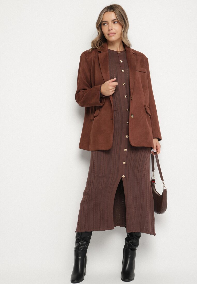 Chocolate Brown Knit Dress with a Suede Jacket