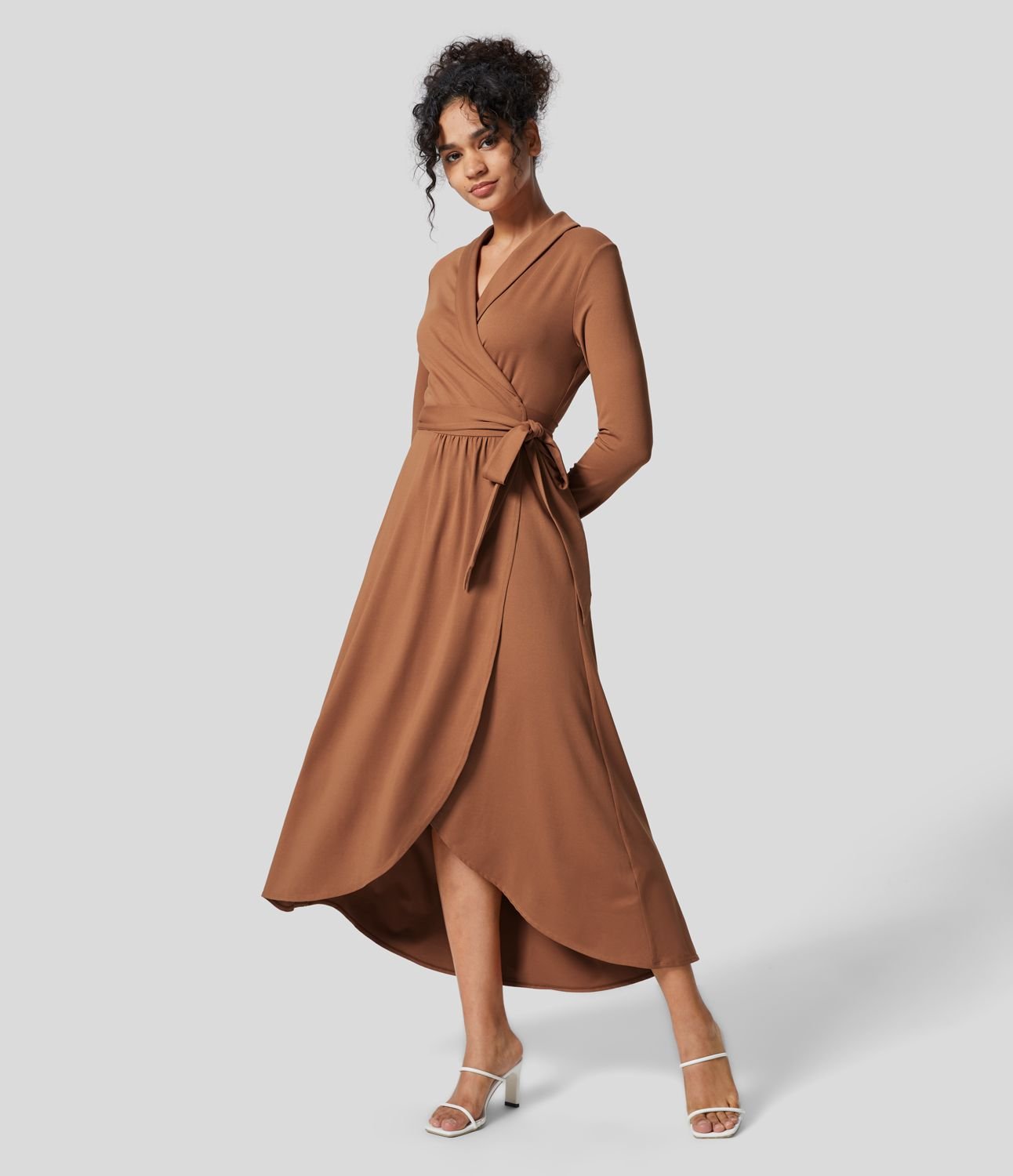 Chocolate Brown Wrap Midi Dress with Block Heels