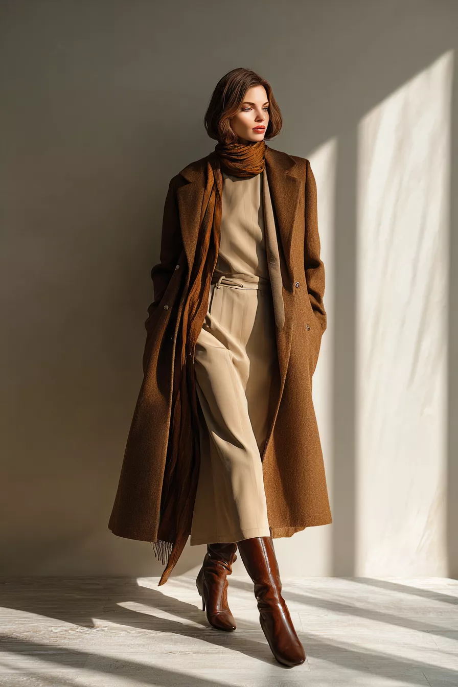 Chocolate Brown Dress with a Trench Coat and Scarf