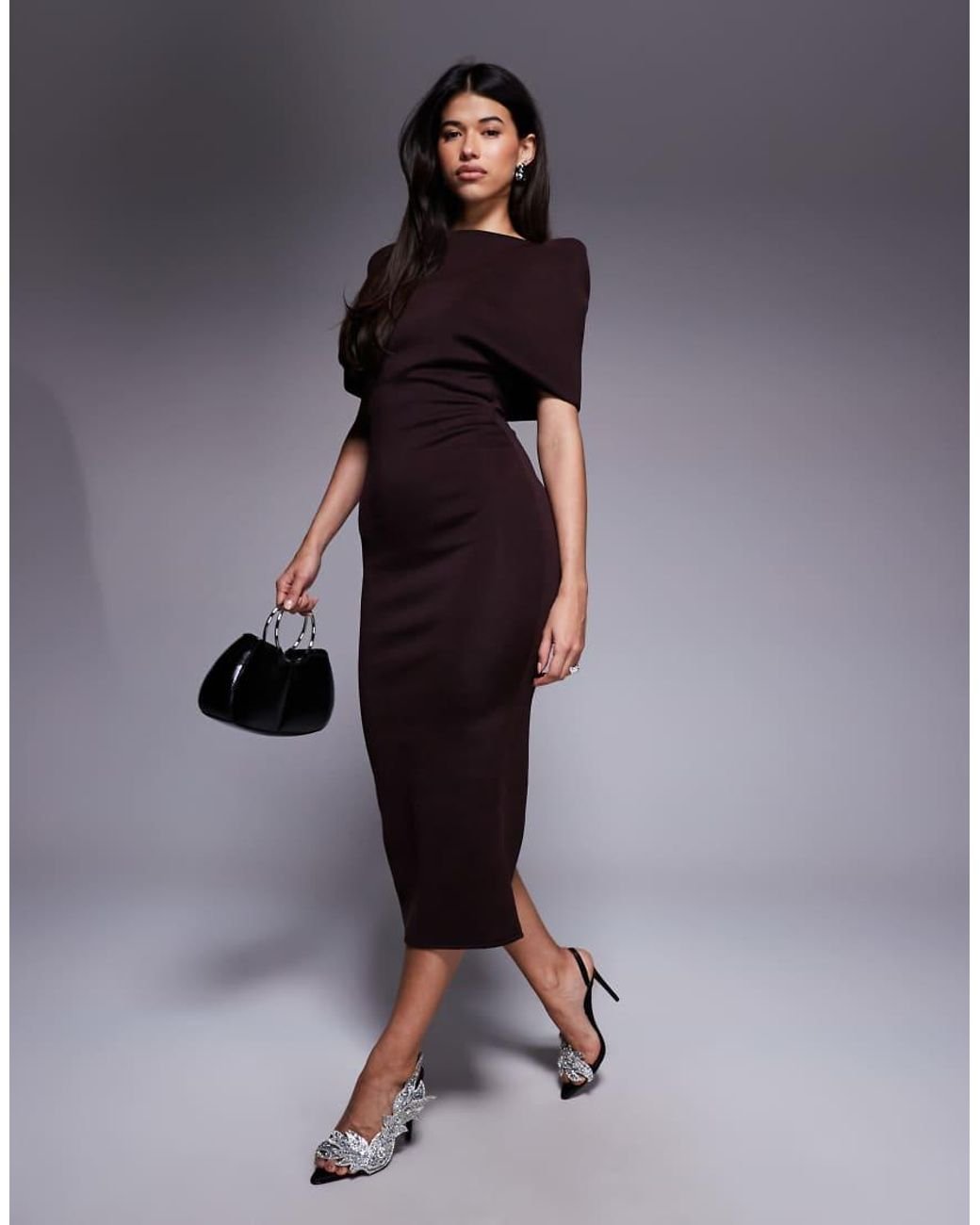 Chocolate Brown Cocktail Dress with a Clutch and Heels
