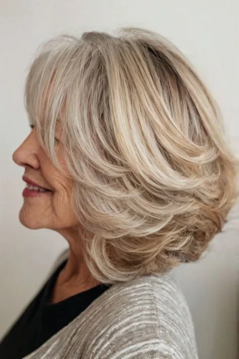 Feathered Beige Blonde Layered Bob