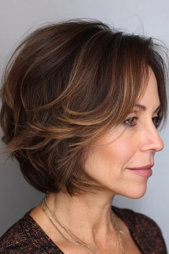 Sleek Brunette Layered Bob with Side-Swept Fringe