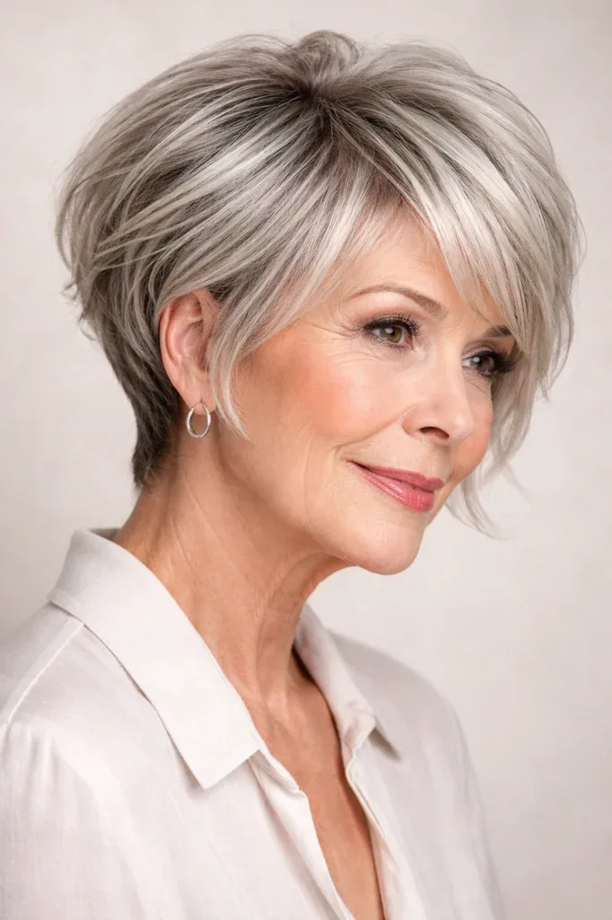 Soft Silver Layered Pixie for Mature Hair