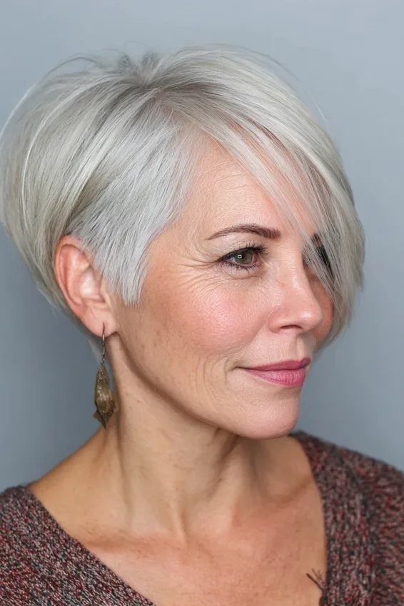Sleek White Pixie Shag with Side-Swept Fringe