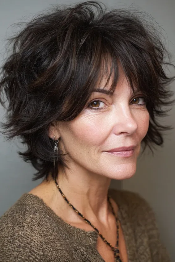 Choppy Brunette Micro Shag with Short Fringe