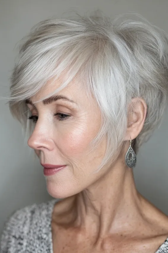 Soft Silver Pixie Shag with Side Sweep
