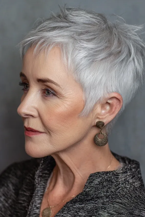 Cropped Silver Shag Pixie with Textured Crown