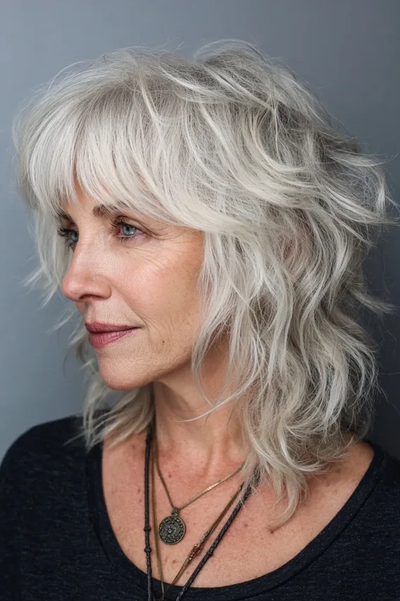 Soft Gray Shag Mullet with Light Curl