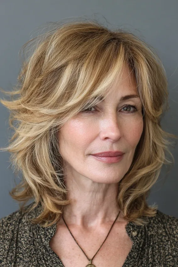 Honey Blonde Layered Shag with Soft Fringe