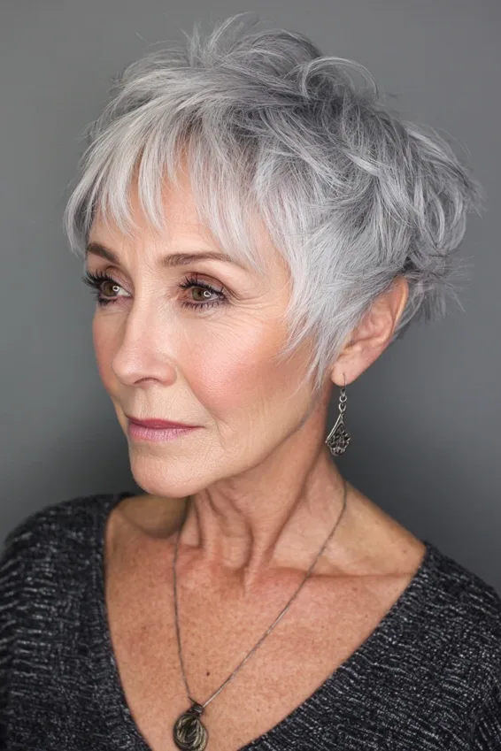 Tousled Silver Shag Pixie with Piecey Back