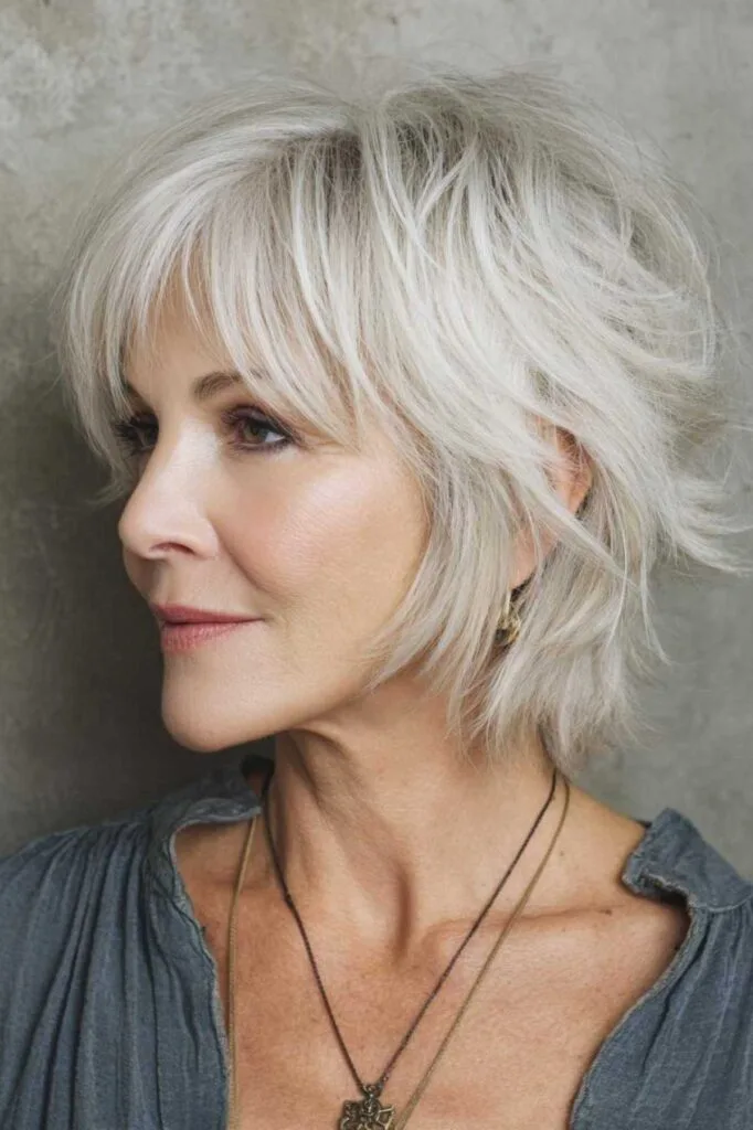 20 Bob Hairstyles for Women Over 60 That Look Polished and Feel Effortless 11 Piecey Shag Bob With Wispy Bangs