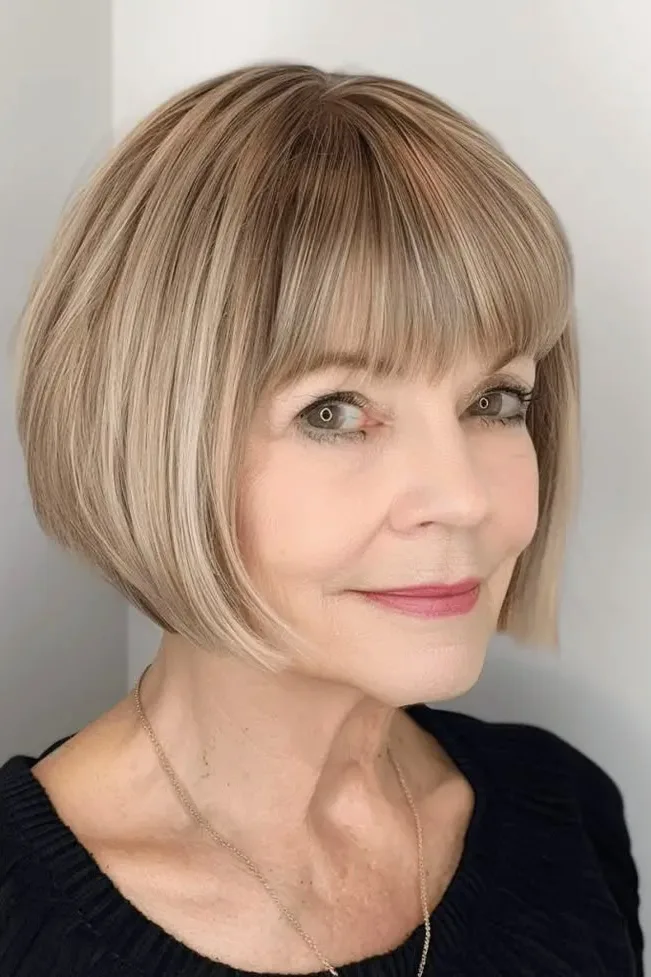 20 Bob Hairstyles for Women Over 60 That Look Polished and Feel Effortless 19 Sleek Straight Lob With Fringe