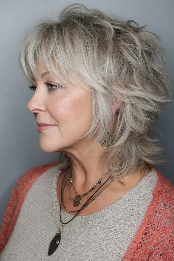 26 Stylish Hairstyles for Women Over 40 With Bangs That Look Fresh and Modern 11 Layered Shag With Feathered Bangs
