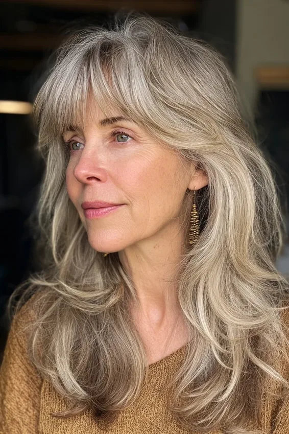 26 Stylish Hairstyles for Women Over 40 With Bangs That Look Fresh and Modern 13 Layered Waves With Curtain Bangs