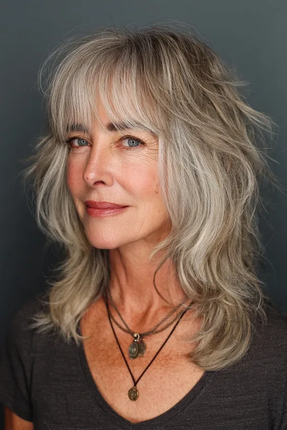 26 Stylish Hairstyles for Women Over 40 With Bangs That Look Fresh and Modern 16 Long Layered Shag With Bangs