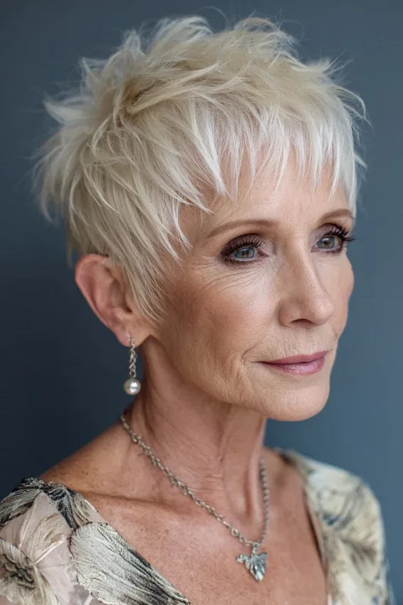 26 Stylish Hairstyles for Women Over 40 With Bangs That Look Fresh and Modern 21 Platinum Blonde Pixie Cut