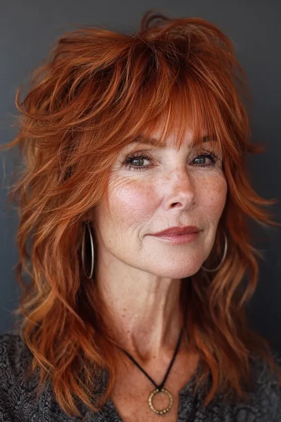 26 Stylish Hairstyles for Women Over 40 With Bangs That Look Fresh and Modern 9 Ginger Wavy Shag With Bangs
