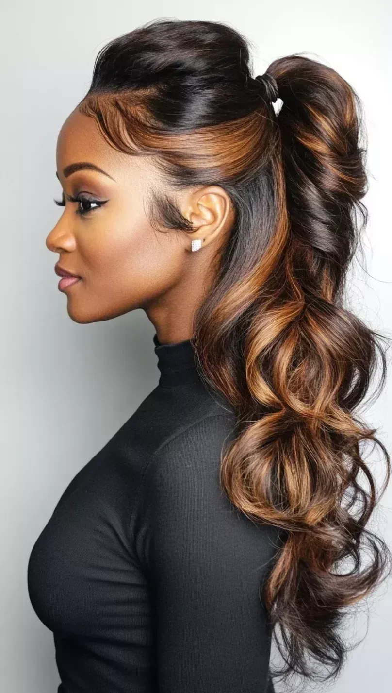 Voluminous Ponytail with Brown Highlights