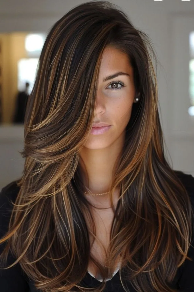 Long Layered Hair with Warm Chocolate Brown Highlights