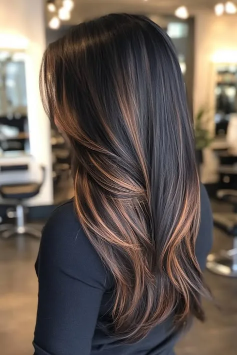 Black Hair with Caramel Ribbon Highlights