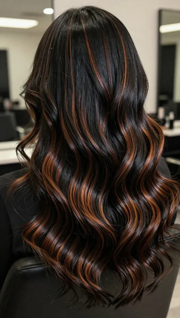 Long Black Hair with Copper-Tipped Highlights