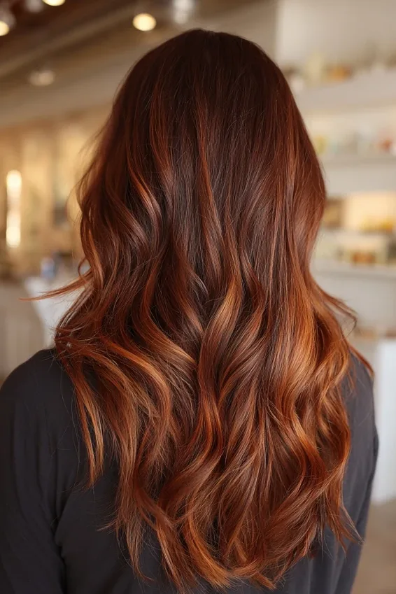 Deep Red Copper Balayage with Glossy Waves