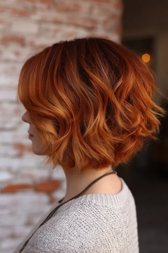 Peachy Copper Balayage on a Textured Bob