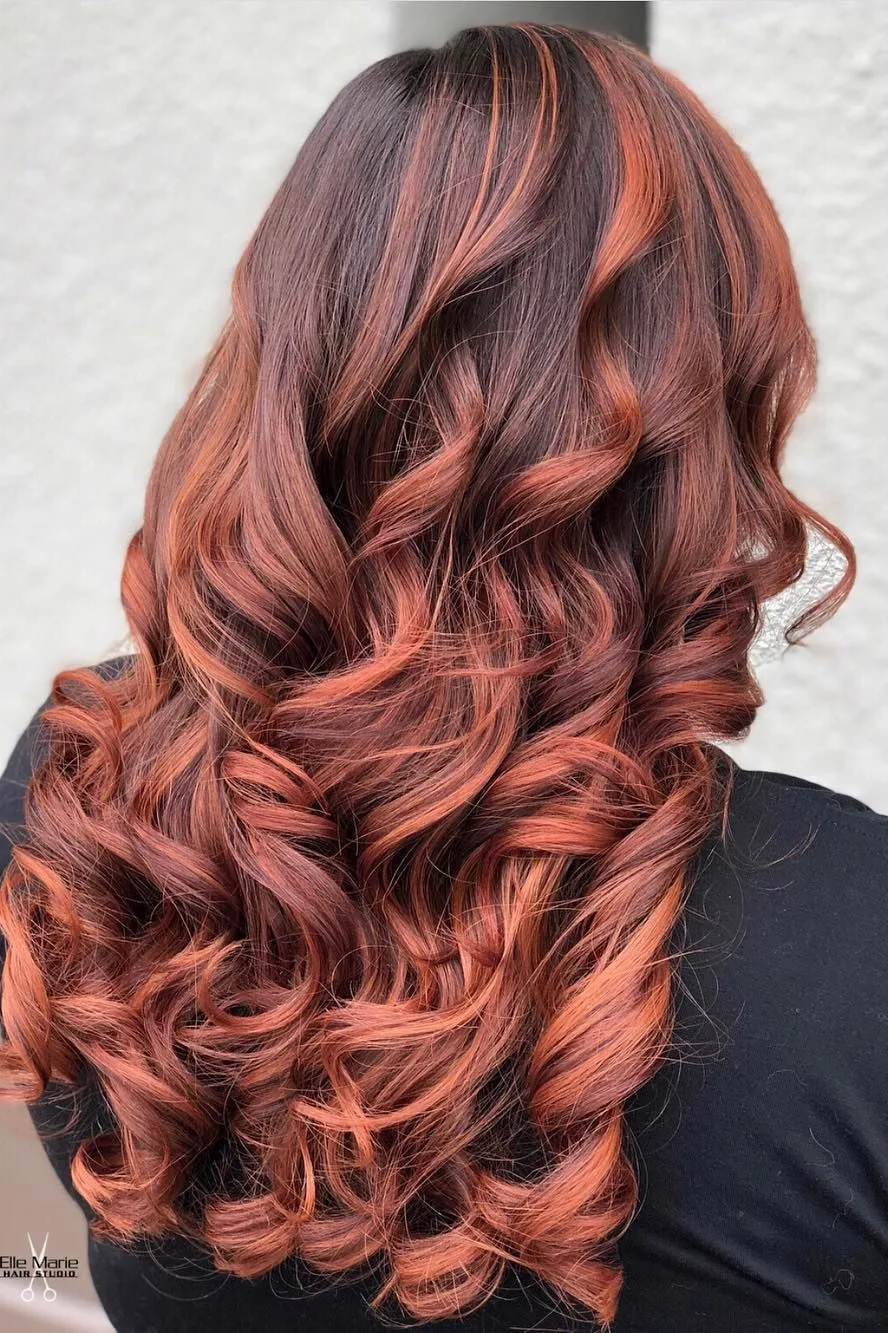 Curly Red Copper Balayage on Long Curls