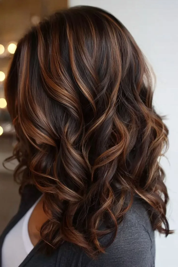 Cinnamon Ribbon Balayage on Dark Curls