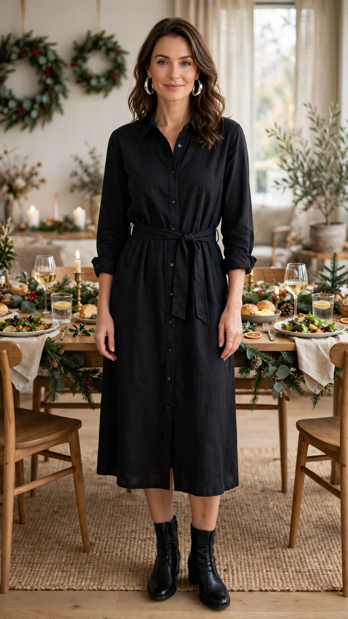 Black Midi Shirt Dress + Silver Hoop Earrings