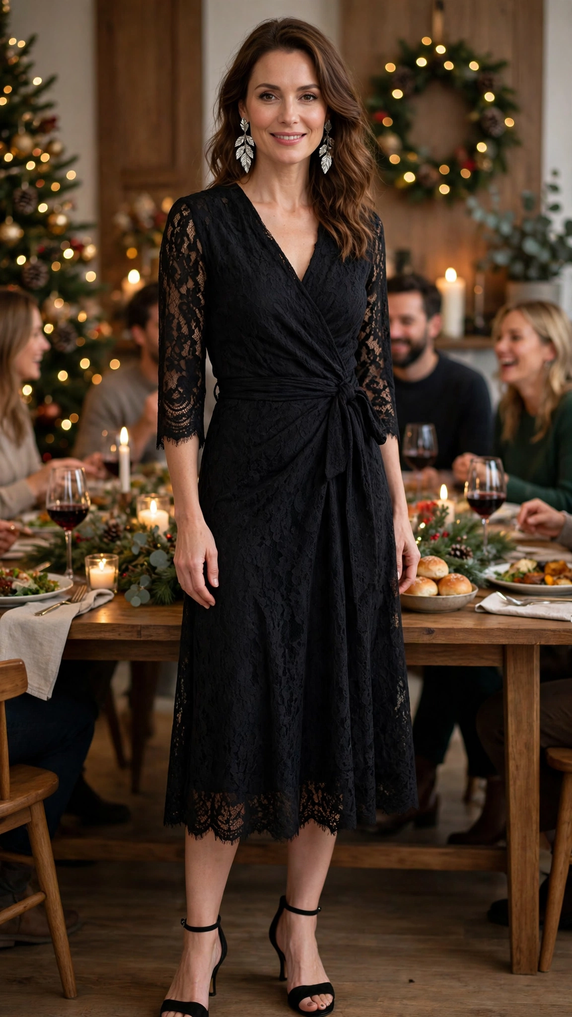 Black Lace Wrap Midi + Silver Leaf Earrings