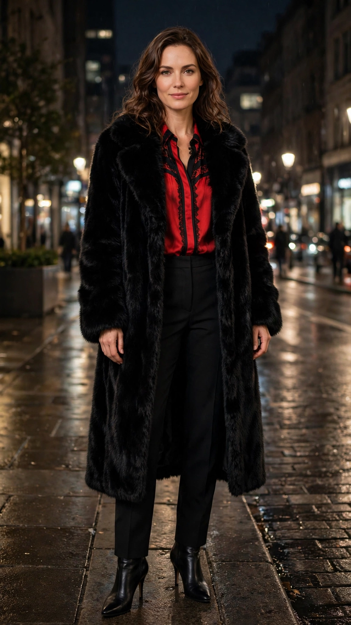 Black Accent Black Faux Fur Coat with black trousers