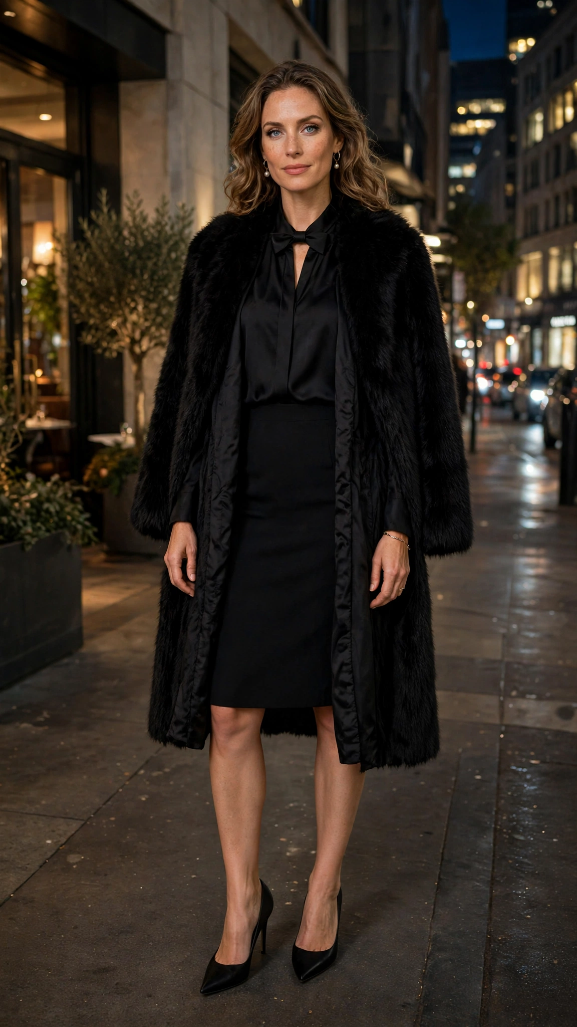 Black Accent Black Faux Fur Coat with a black dress