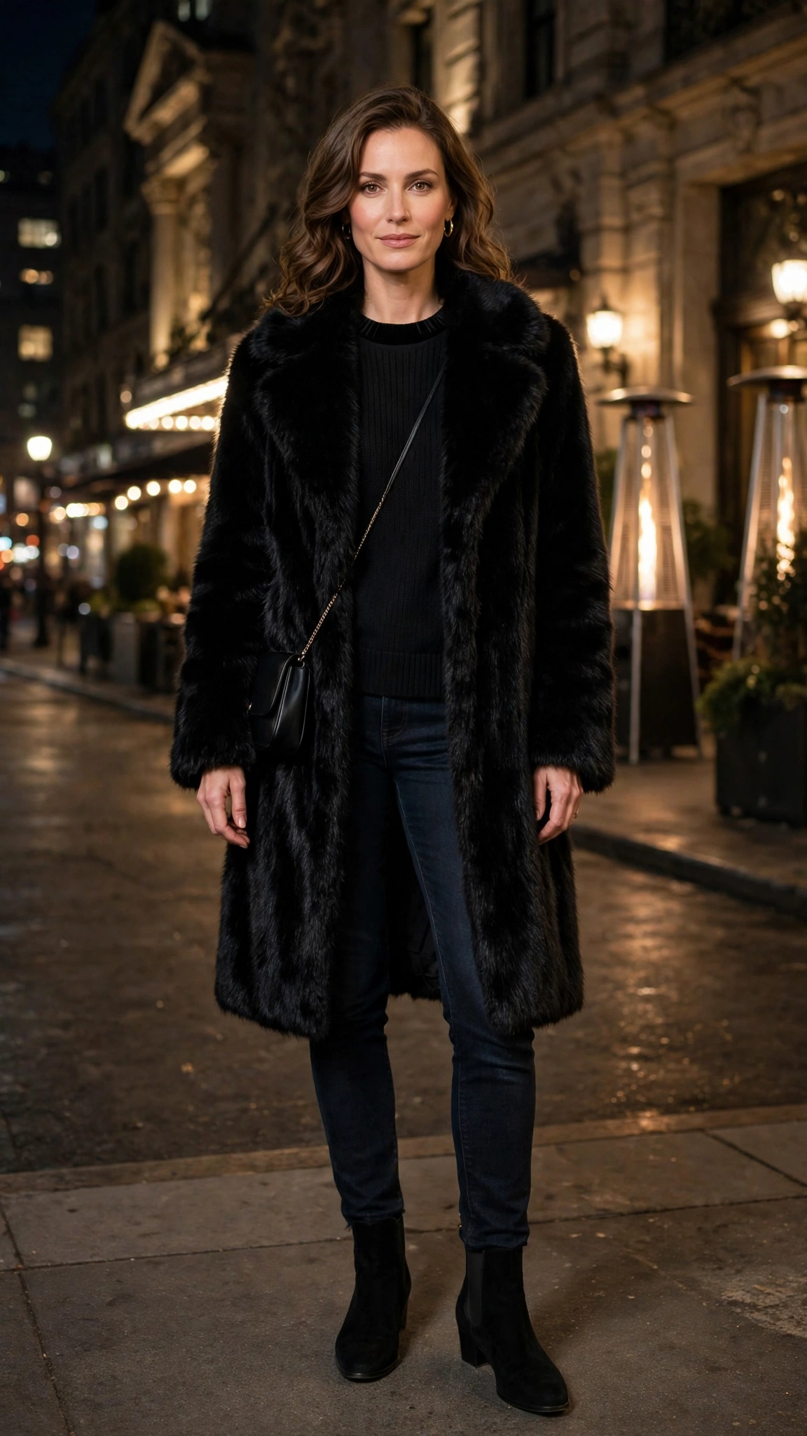 Black Accent Black Faux Fur Coat with dark jeans