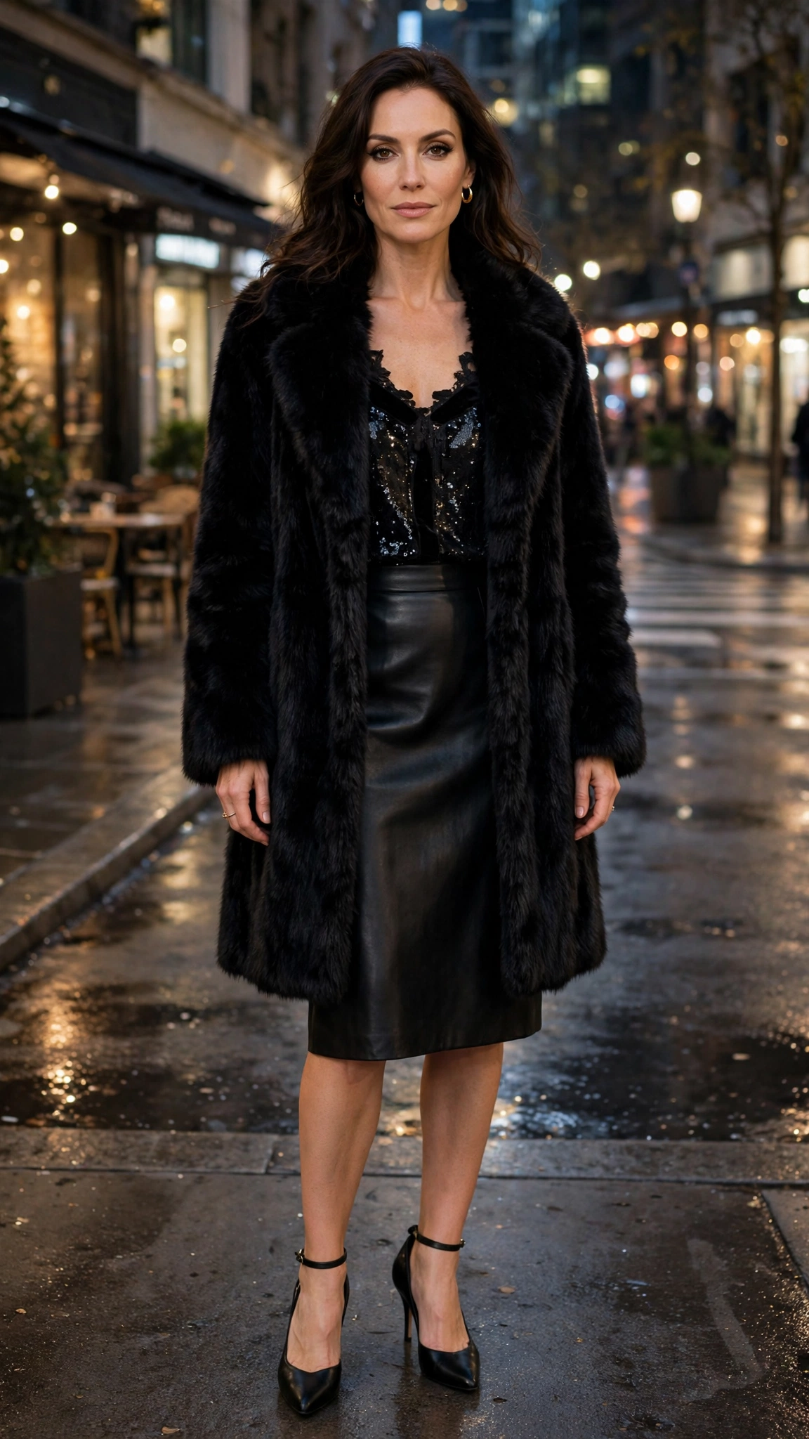 Black Accent Black Faux Fur Coat with a leather skirt