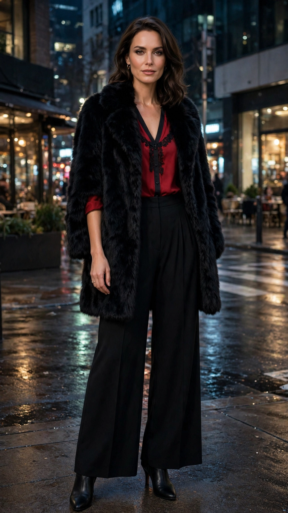 Black Accent Black Faux Fur Coat with black wide-leg trousers