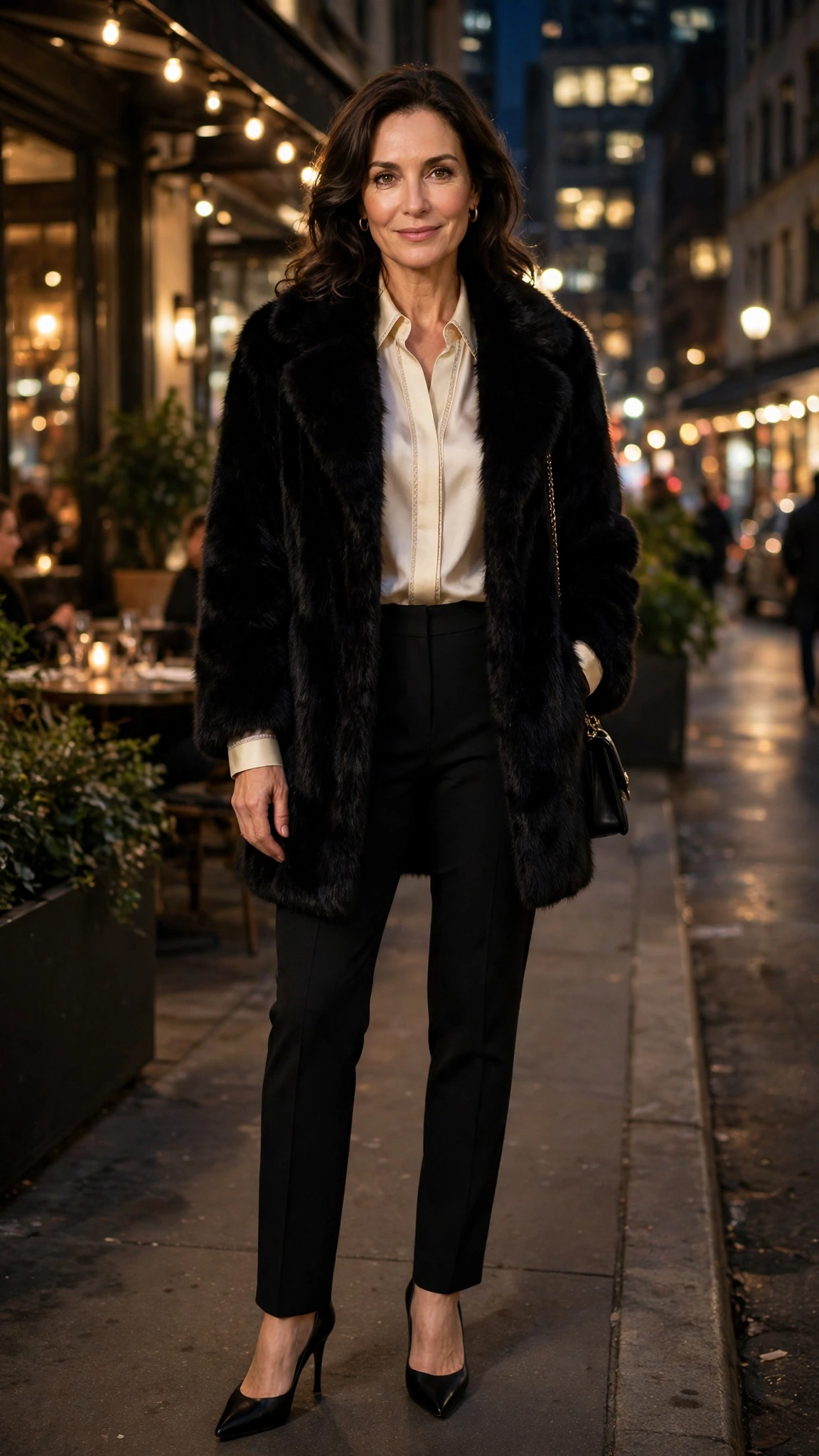 Cream Accent Black Faux Fur Coat with black trousers