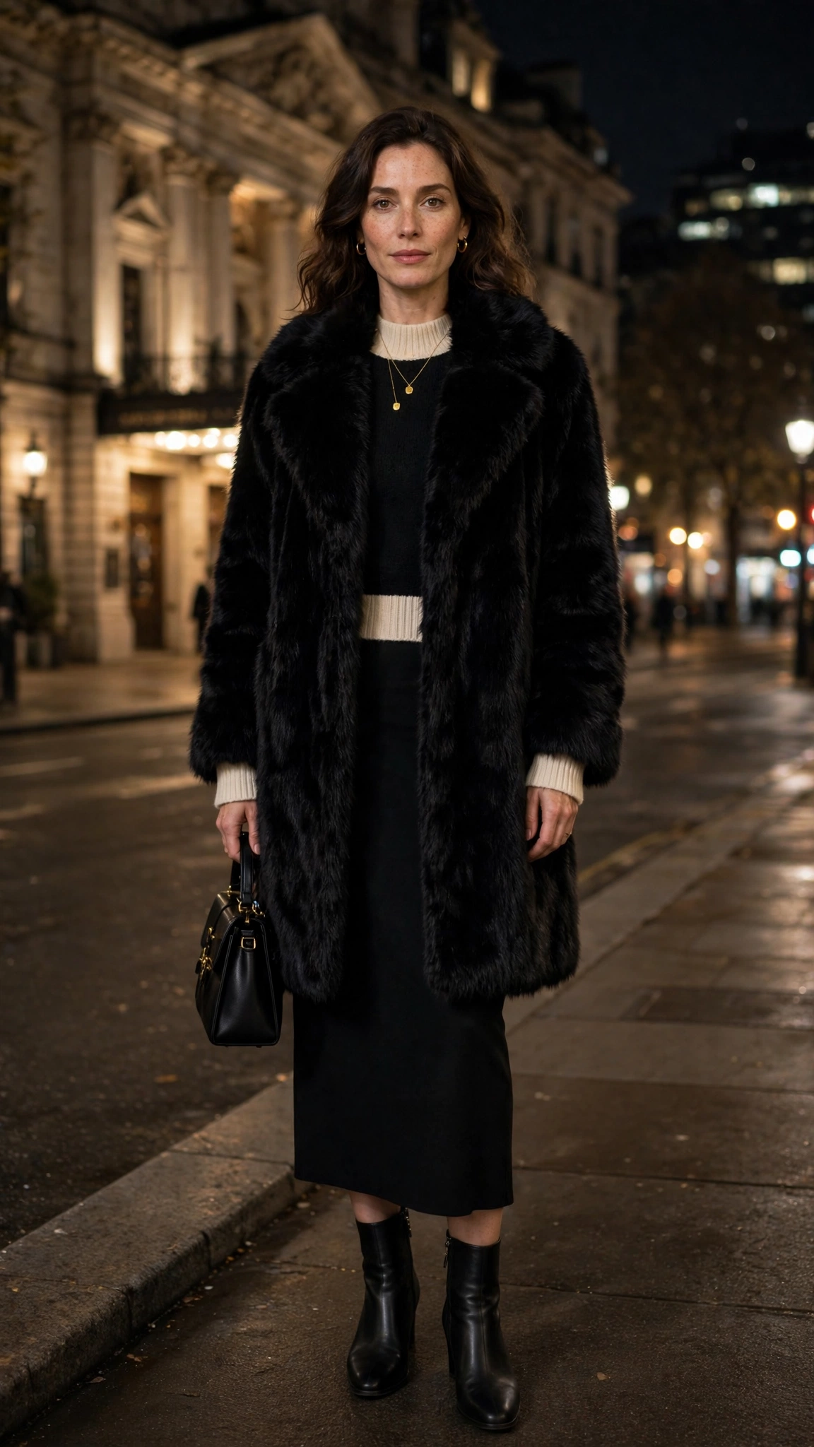 Cream Accent Black Faux Fur Coat with a black dress
