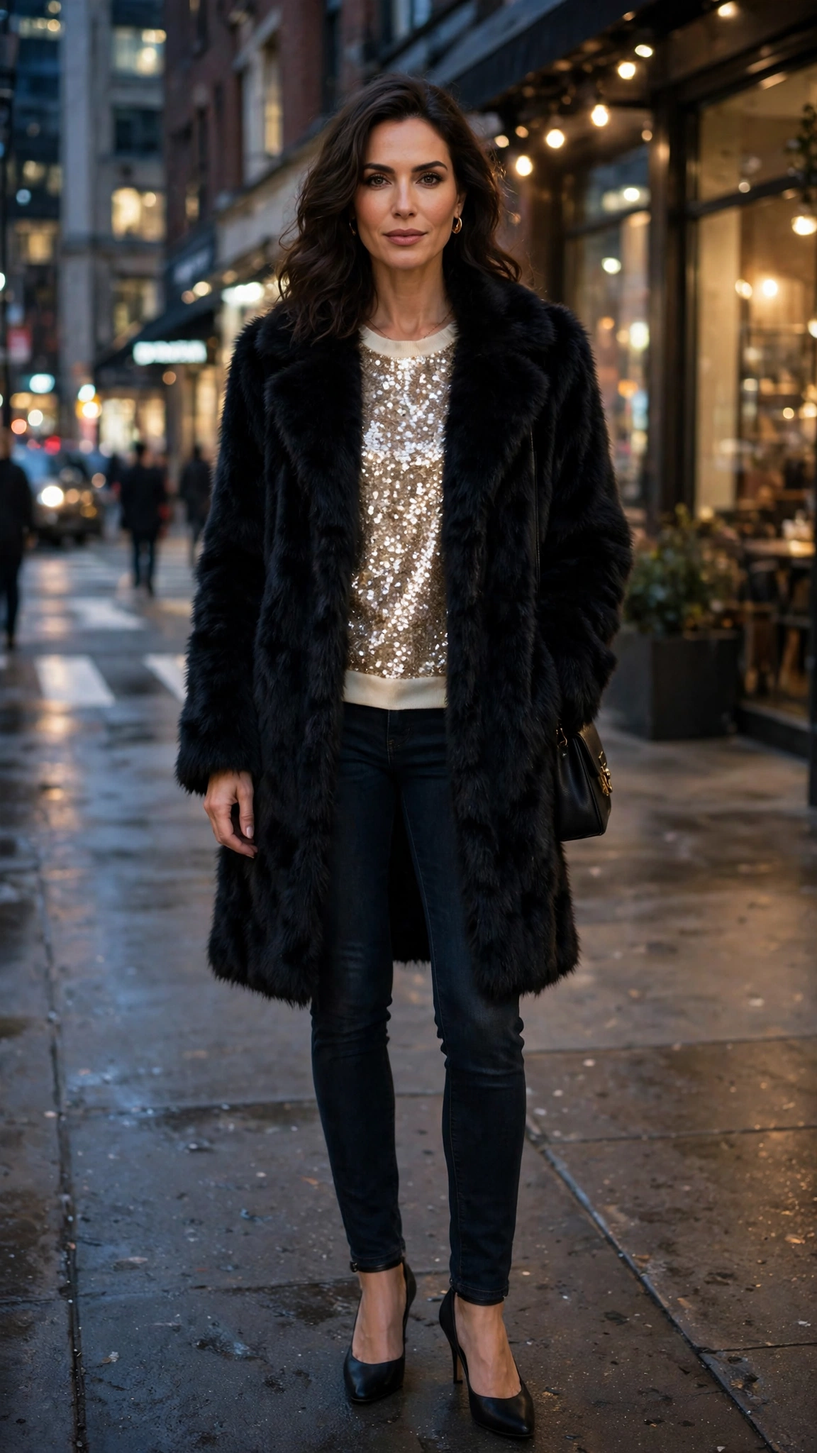Cream Accent Black Faux Fur Coat with dark jeans