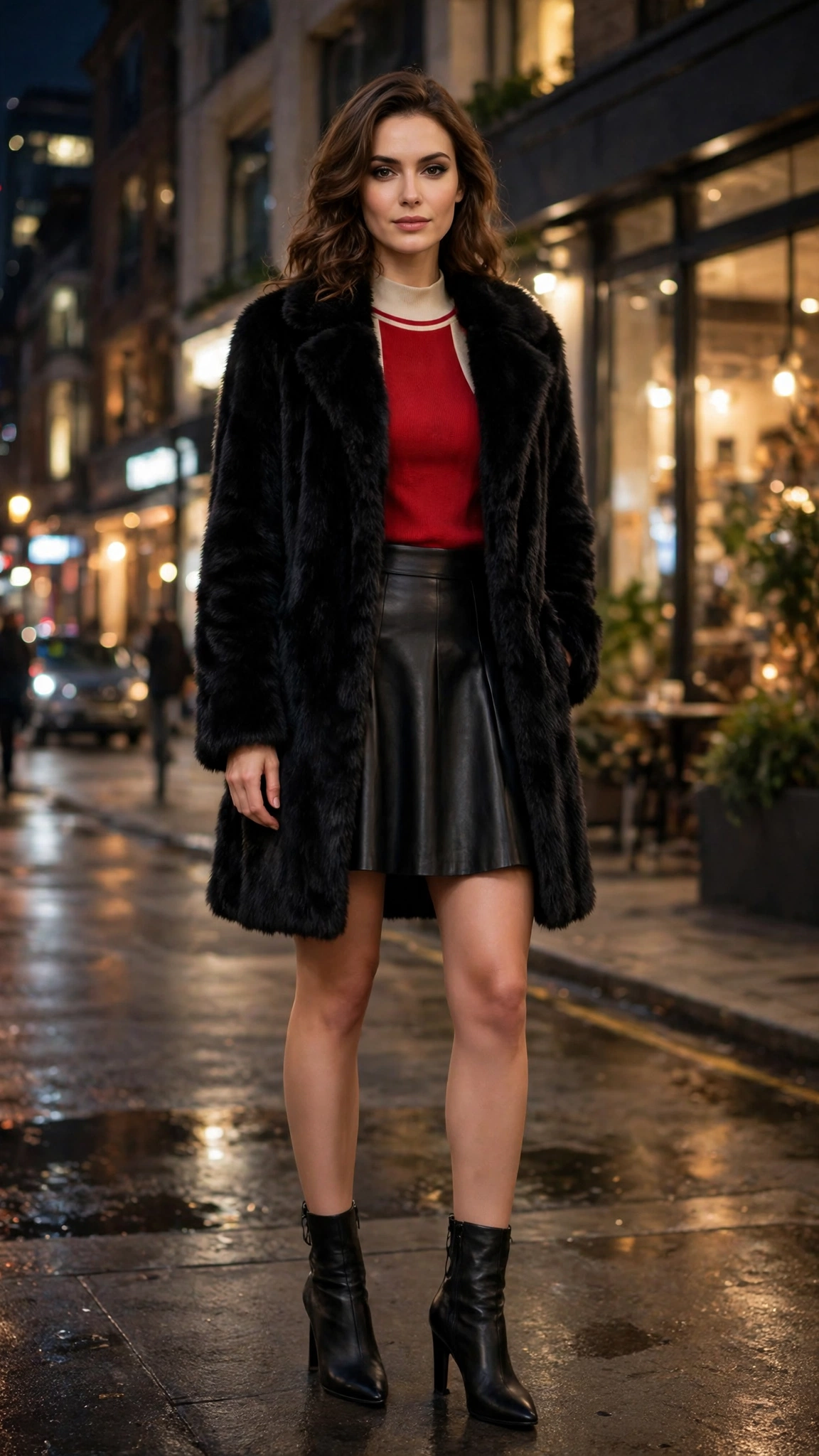 Cream Accent Black Faux Fur Coat with a leather skirt