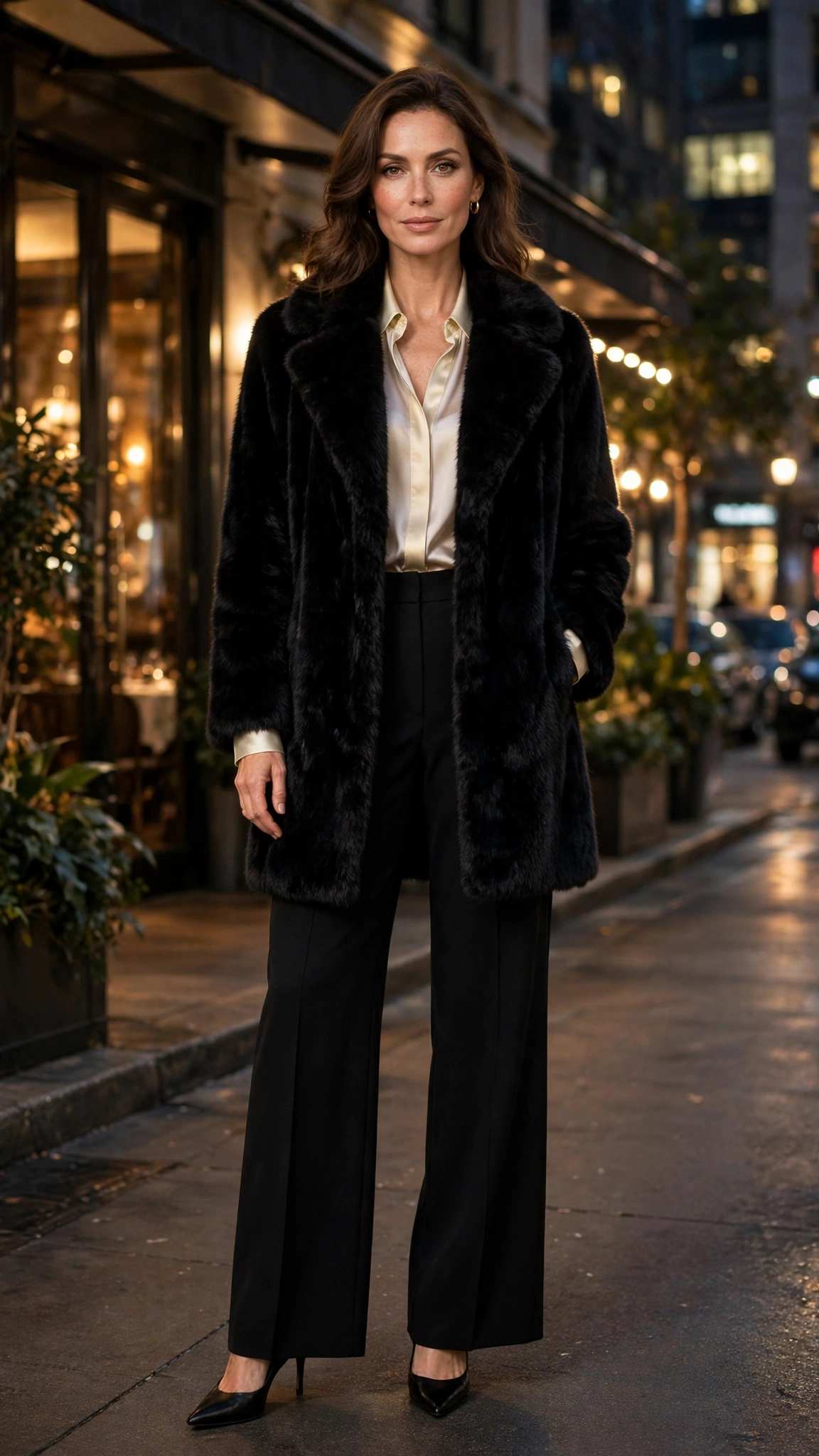 Cream Accent Black Faux Fur Coat with black wide-leg trousers